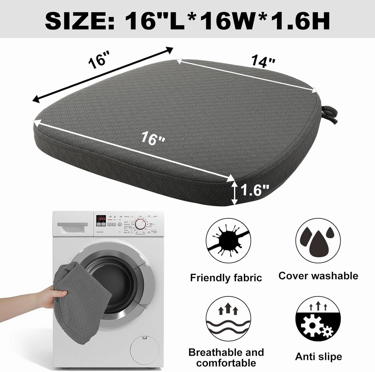 BUYUE Luxury 100% Pure Memory Foam Chair Cushion 1 Pack, Jacquard 16" U-Shape Comfortable Dining Chair Pad, Removable Slip Resistant Kitchen Chair Seat Cushion, (1 Piece, Grey)