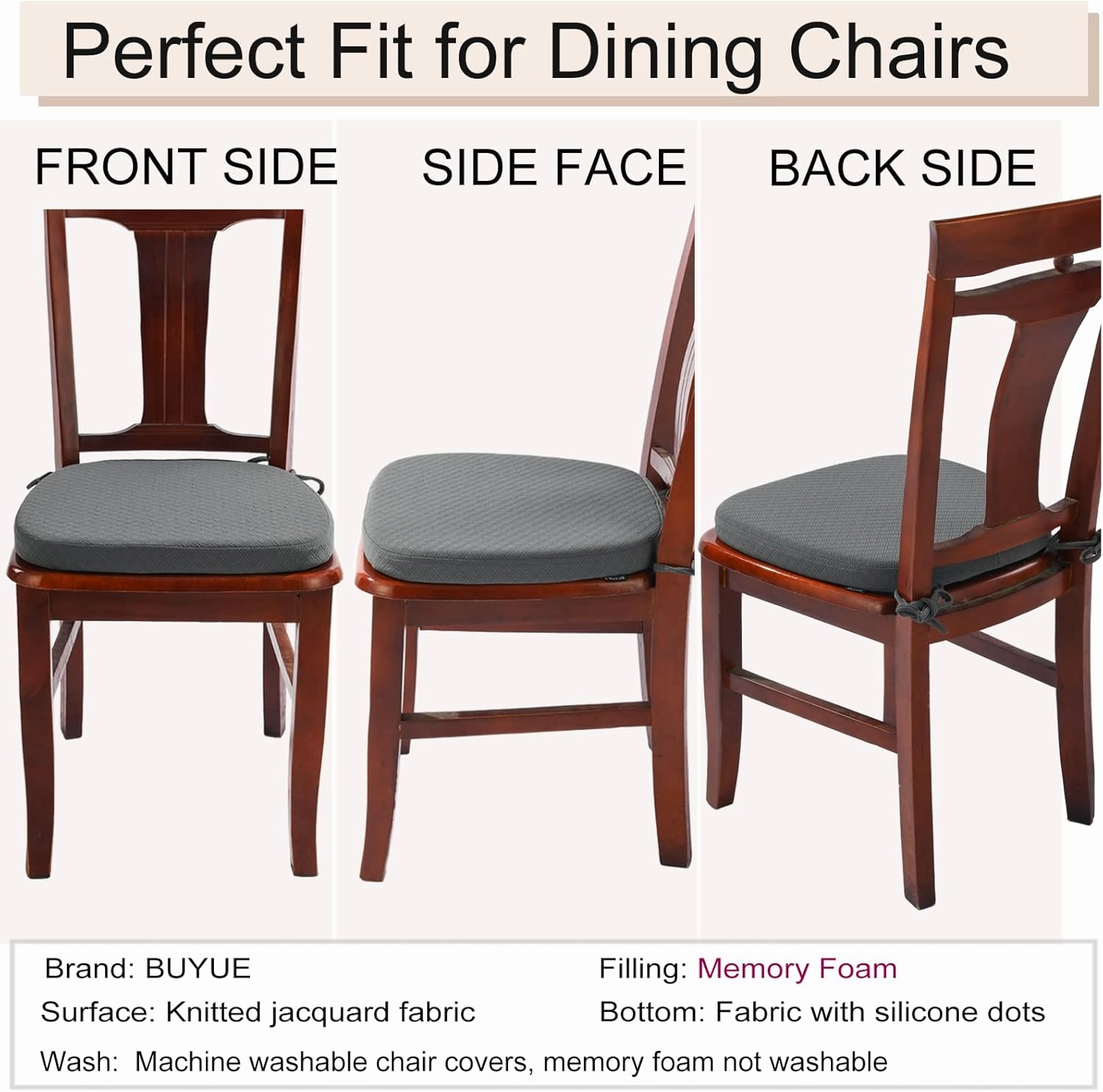 BUYUE Luxury 100% Pure Memory Foam Chair Cushion 1 Pack, Jacquard 16" U-Shape Comfortable Dining Chair Pad, Removable Slip Resistant Kitchen Chair Seat Cushion, (1 Piece, Grey)
