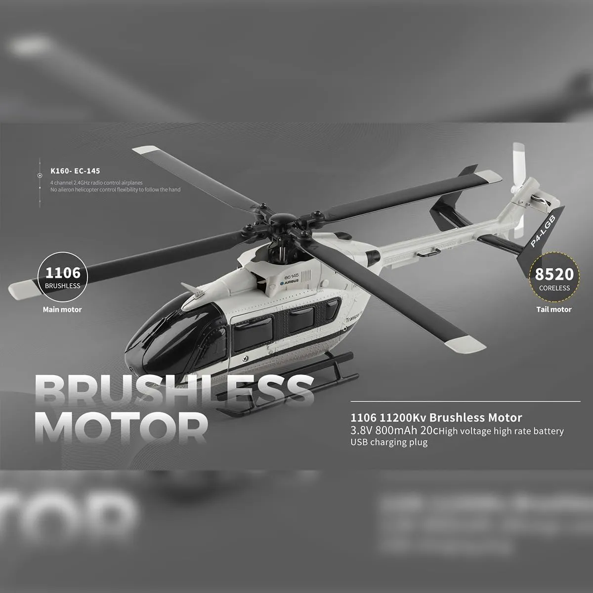 c EC-145 160-Class RC Helicopter, 2.4G 4CH Stunt Flybarless Scale RC Helicopter Model with Adjustable Left/Right-Hand Throttle Altitude Hold (RTF Version)