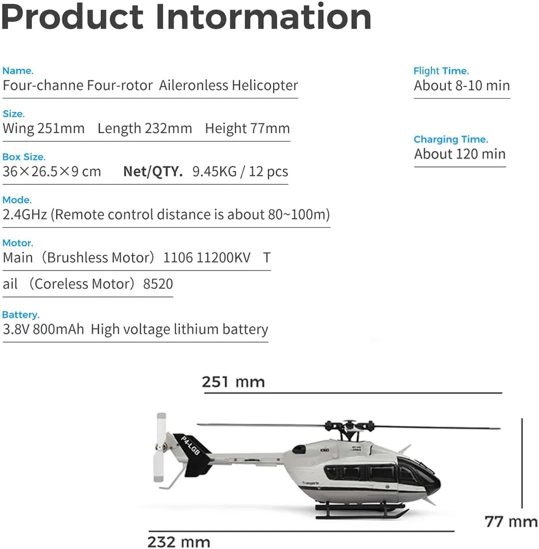 c EC-145 160-Class RC Helicopter, 2.4G 4CH Stunt Flybarless Scale RC Helicopter Model with Adjustable Left/Right-Hand Throttle Altitude Hold (RTF Version)