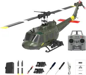 C032 UH-1 Huey RC Helicopter for Adults, Remote Controlled Helicopter for Beginners, 2.4G 6CH Flybarless Stunt RC Plane 6-Axis Gyroscope, Optical Flow Positioning, TOF Lidar Height Setting (2 Battery)