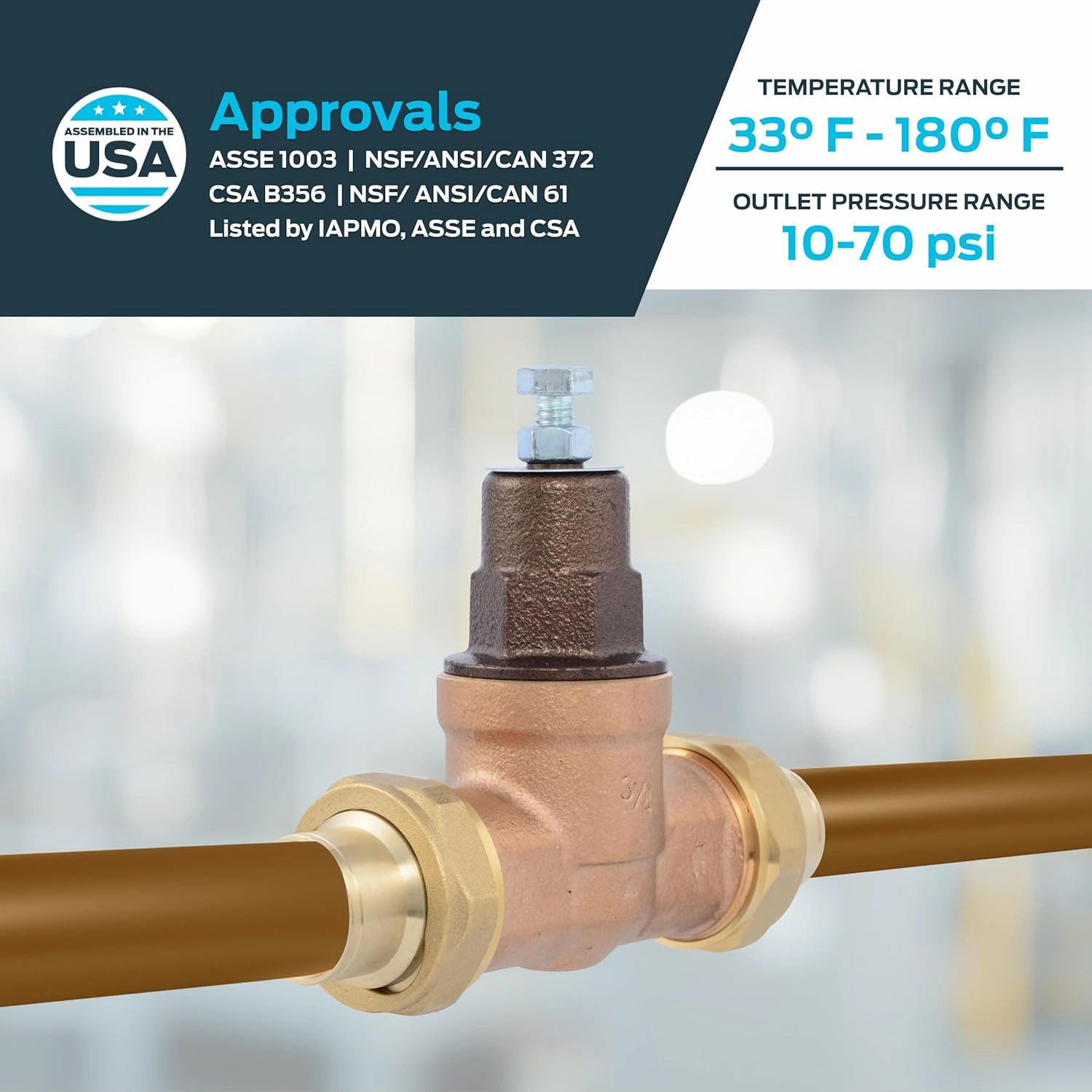 Cash Acme EB45 Pressure Regulating Valve, Double Union, 3/4 Inch Sweat, Metal Top, 60 PSI, PVA16M-DUSW-60
