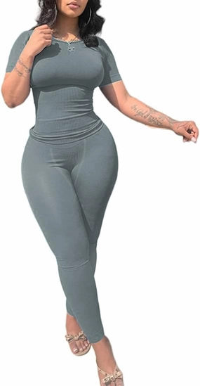 Casual Workout 2 Piece bodycon casual outfit Women Ribbed Set Short Sleeve Elastic Leggings LoungeWear activewear