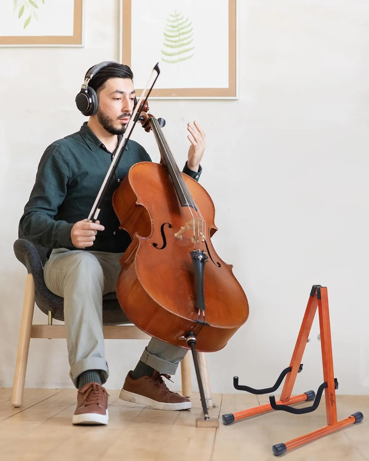 Cello Stand with Bow Holder, Mahogany Wooden A-Shape Floor Stand with Padded Foam, Handcrafted Cello Rack Fits 1/2, 3/4, 7/8, 4/4 Full-Size and Guitar, Instrument Holder for Home and Studio Display