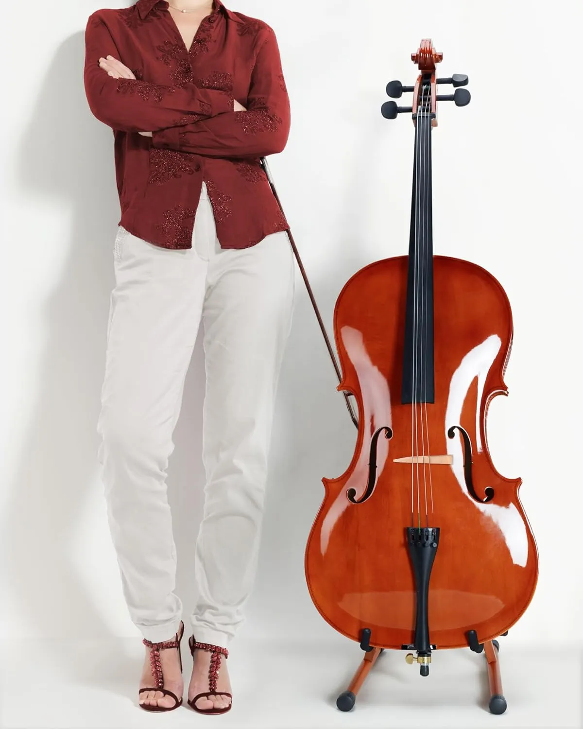 Cello Stand with Bow Holder, Mahogany Wooden A-Shape Floor Stand with Padded Foam, Handcrafted Cello Rack Fits 1/2, 3/4, 7/8, 4/4 Full-Size and Guitar, Instrument Holder for Home and Studio Display