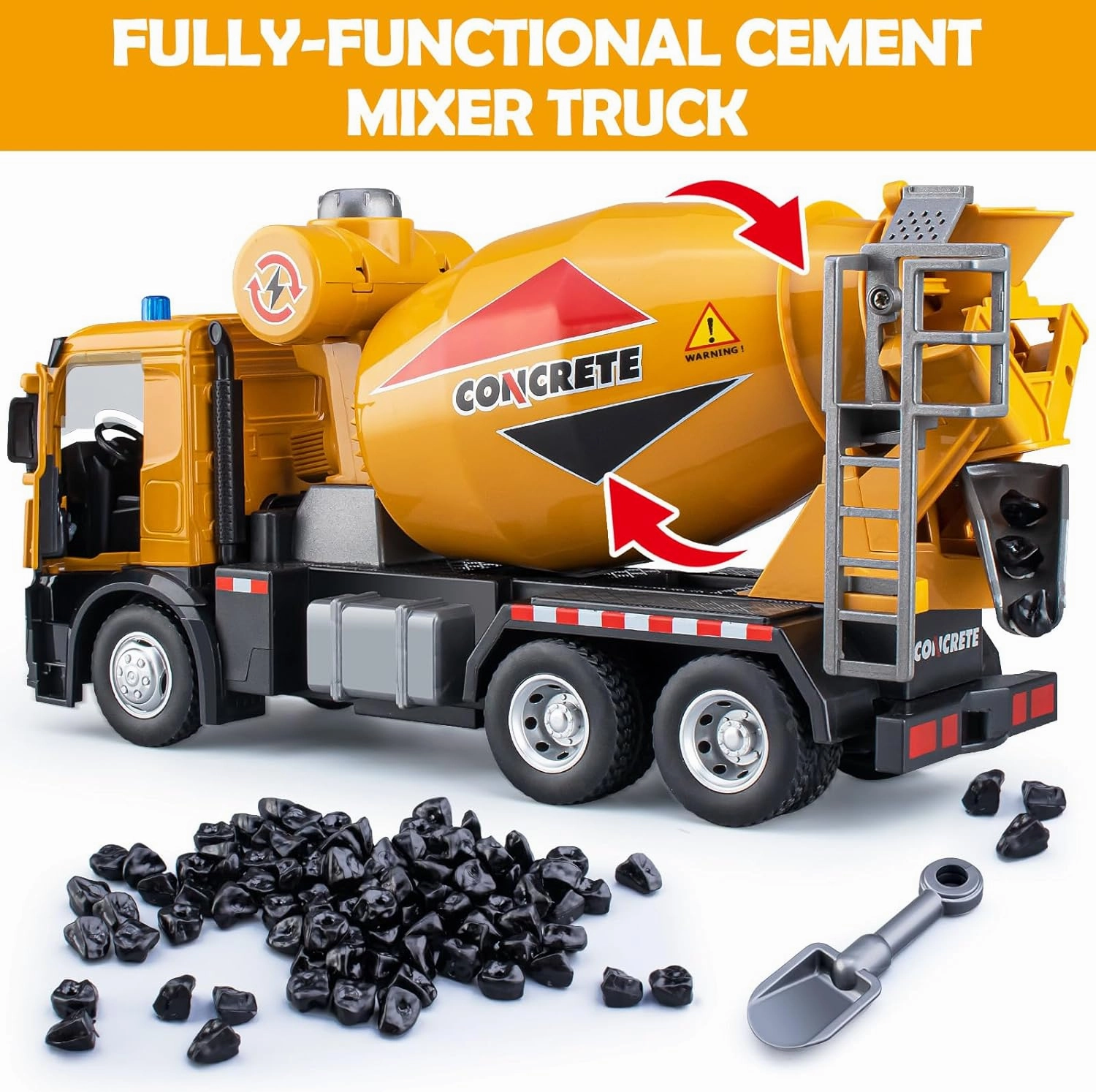 Cement Mixer Toy Truck Metal Cab, Big Construction Truck with Lights Sounds and Working Movable Parts, Friction Powered Construction Vehicles for Boys and Girls