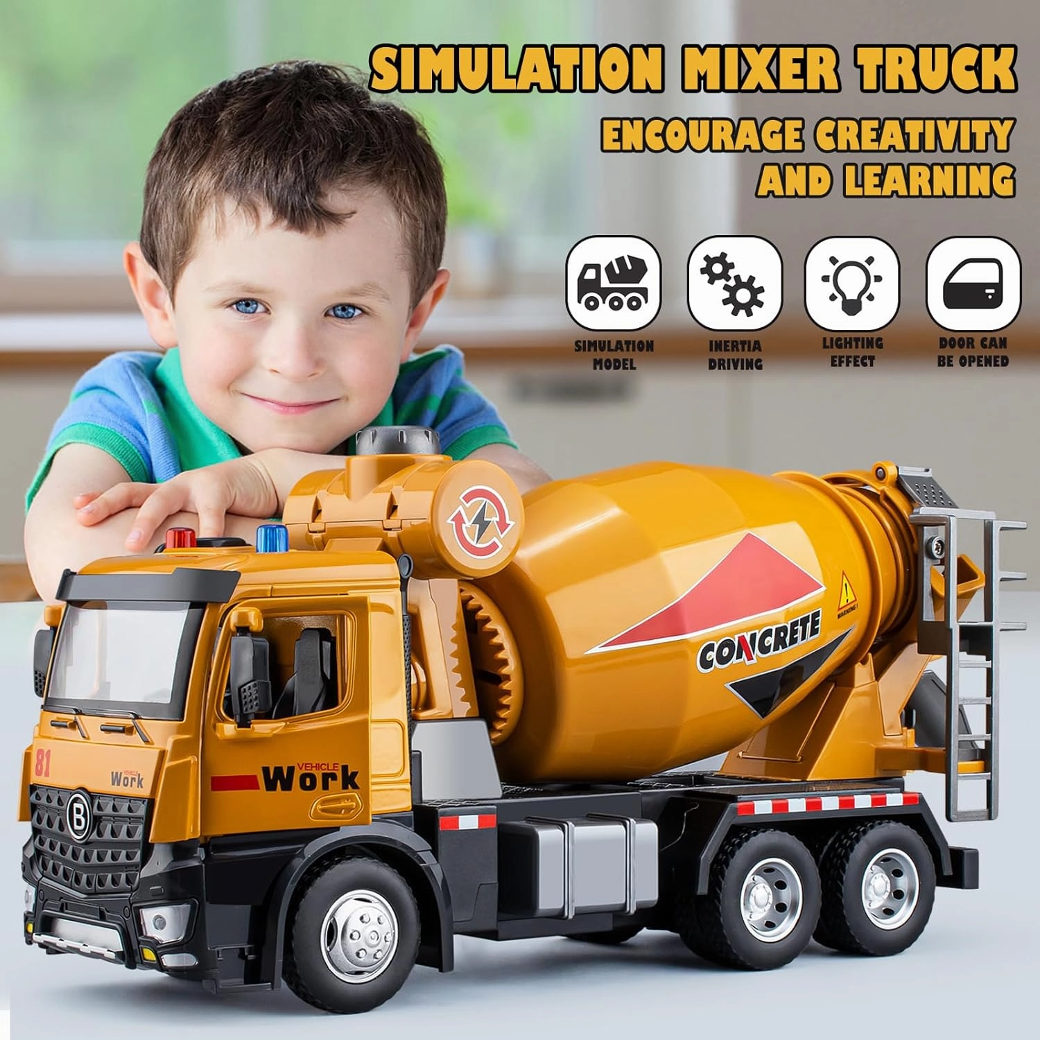 Cement Mixer Toy Truck Metal Cab, Big Construction Truck with Lights Sounds and Working Movable Parts, Friction Powered Construction Vehicles for Boys and Girls