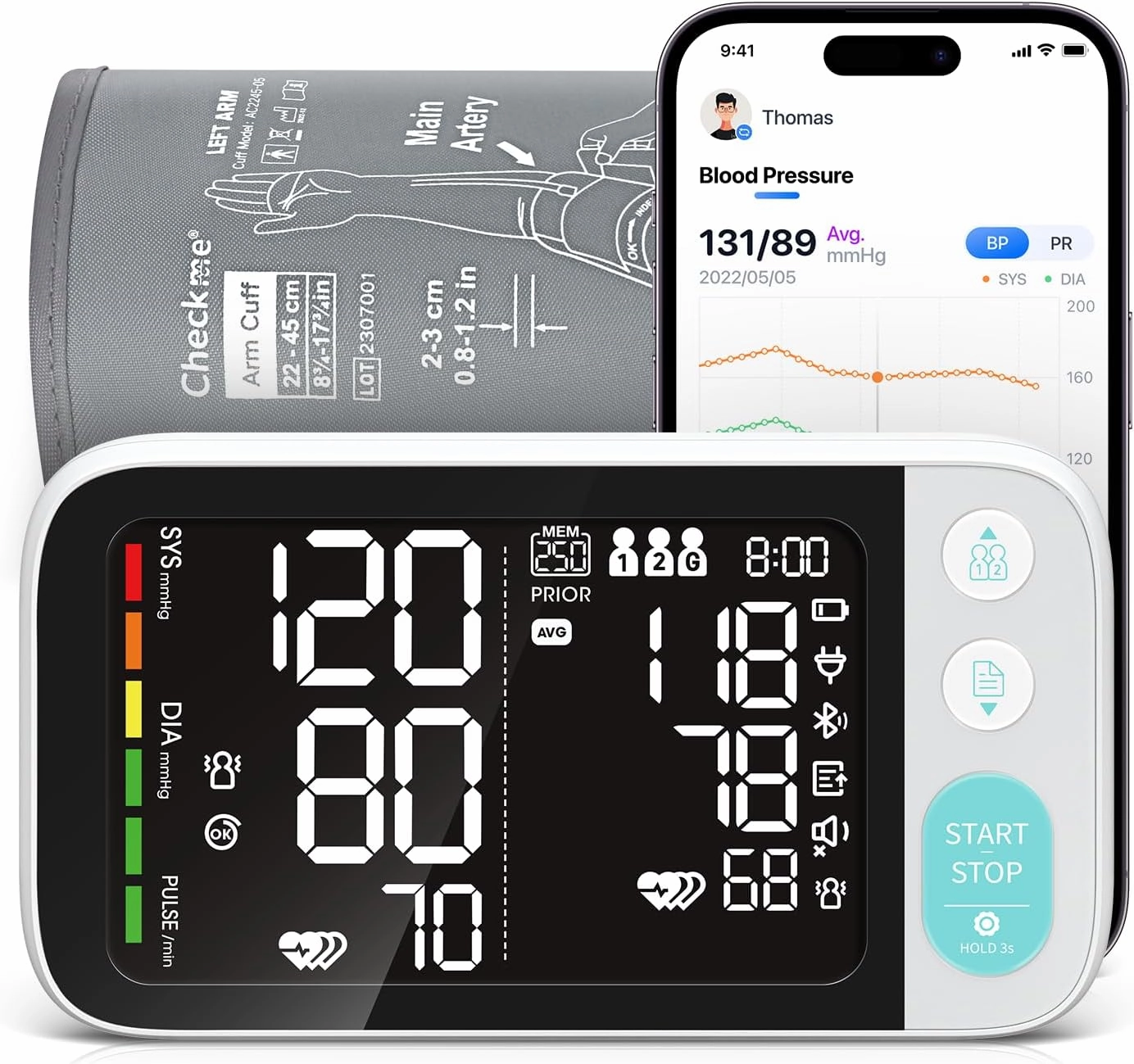 Checkme Blutooth Blood Pressure Monitors for Home Use, Blood Pressure Machine with Dual-Display, Extra-Large Adult Cuff, 500 Readings, Voice Broadcast - Automatic BP Monitor with Bluetooth