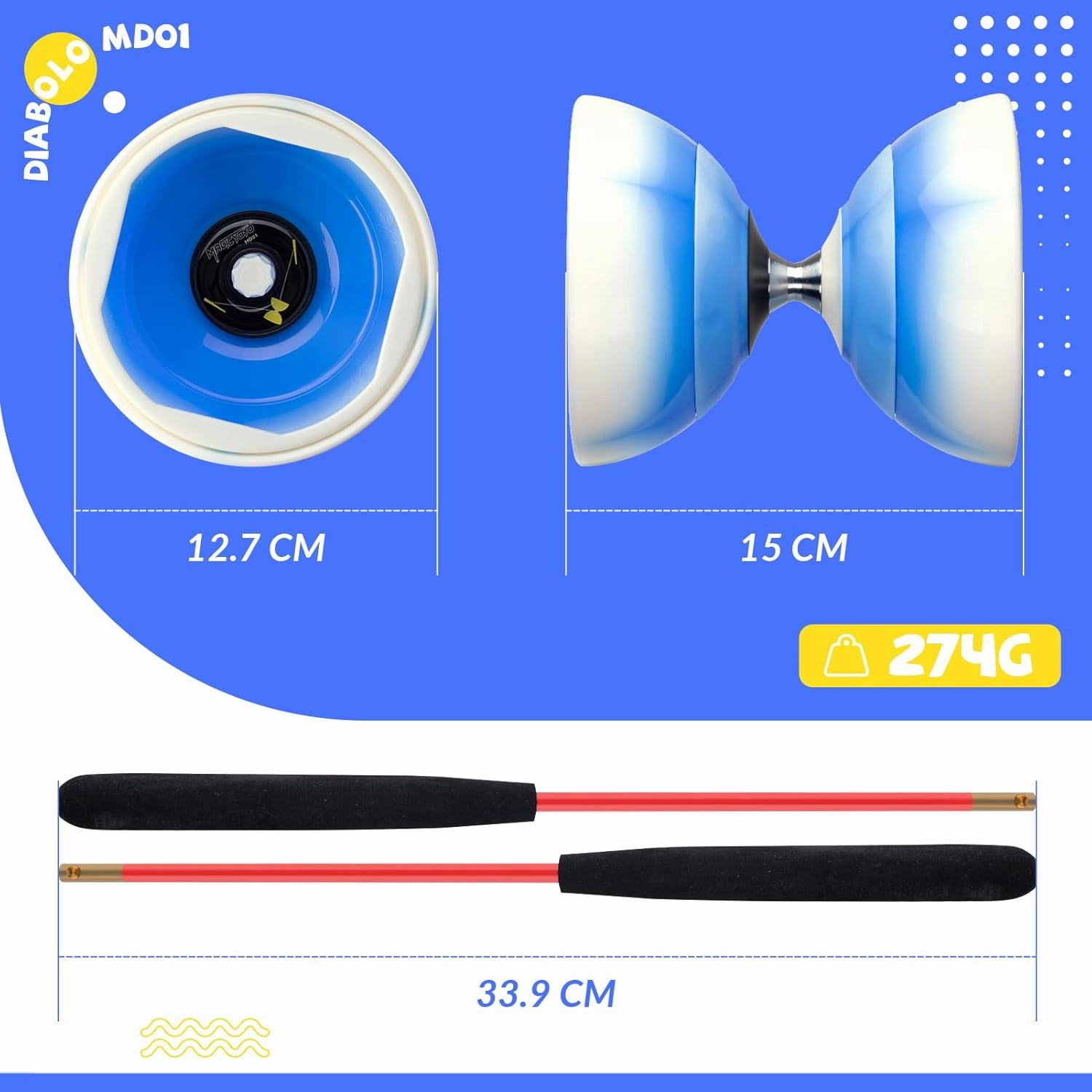 CHEE MONG MD01 Chinese yoyo for Kids and Adults, Professional Triple Bearing Diabolo, 5”Size Diabolo Yoyo Toy with 2 Carbon Sticks, 2 Strings, 1 Drawstring Bag (Blue White)