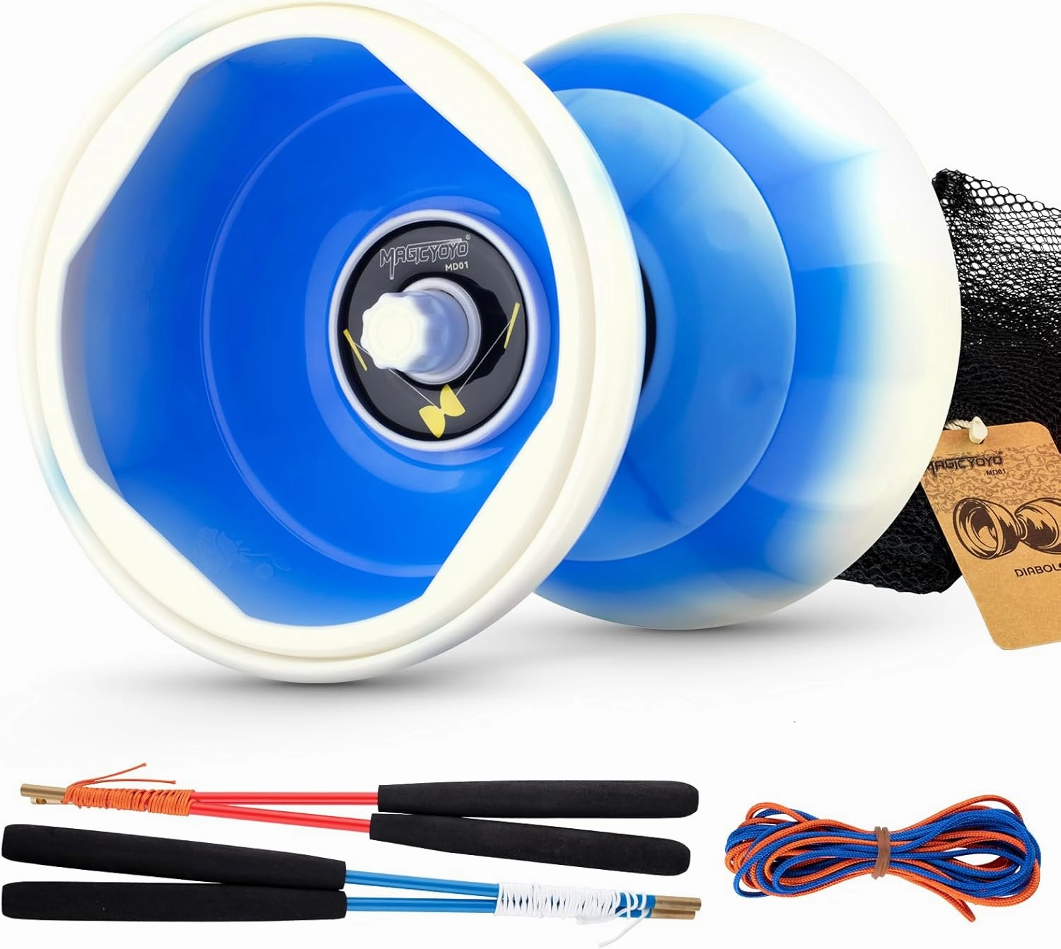CHEE MONG MD01 Chinese yoyo for Kids and Adults, Professional Triple Bearing Diabolo, 5”Size Diabolo Yoyo Toy with 2 Carbon Sticks, 2 Strings, 1 Drawstring Bag (Blue White)