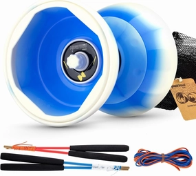 CHEE MONG MD01 Chinese yoyo for Kids and Adults, Professional Triple Bearing Diabolo, 5”Size Diabolo Yoyo Toy with 2 Carbon Sticks, 2 Strings, 1 Drawstring Bag (Blue White)