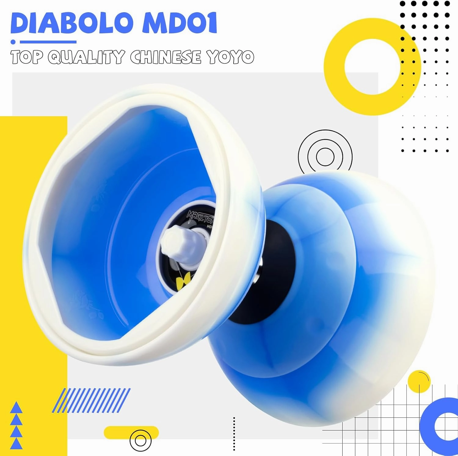 CHEE MONG MD01 Chinese yoyo for Kids and Adults, Professional Triple Bearing Diabolo, 5”Size Diabolo Yoyo Toy with 2 Carbon Sticks, 2 Strings, 1 Drawstring Bag (Blue White)