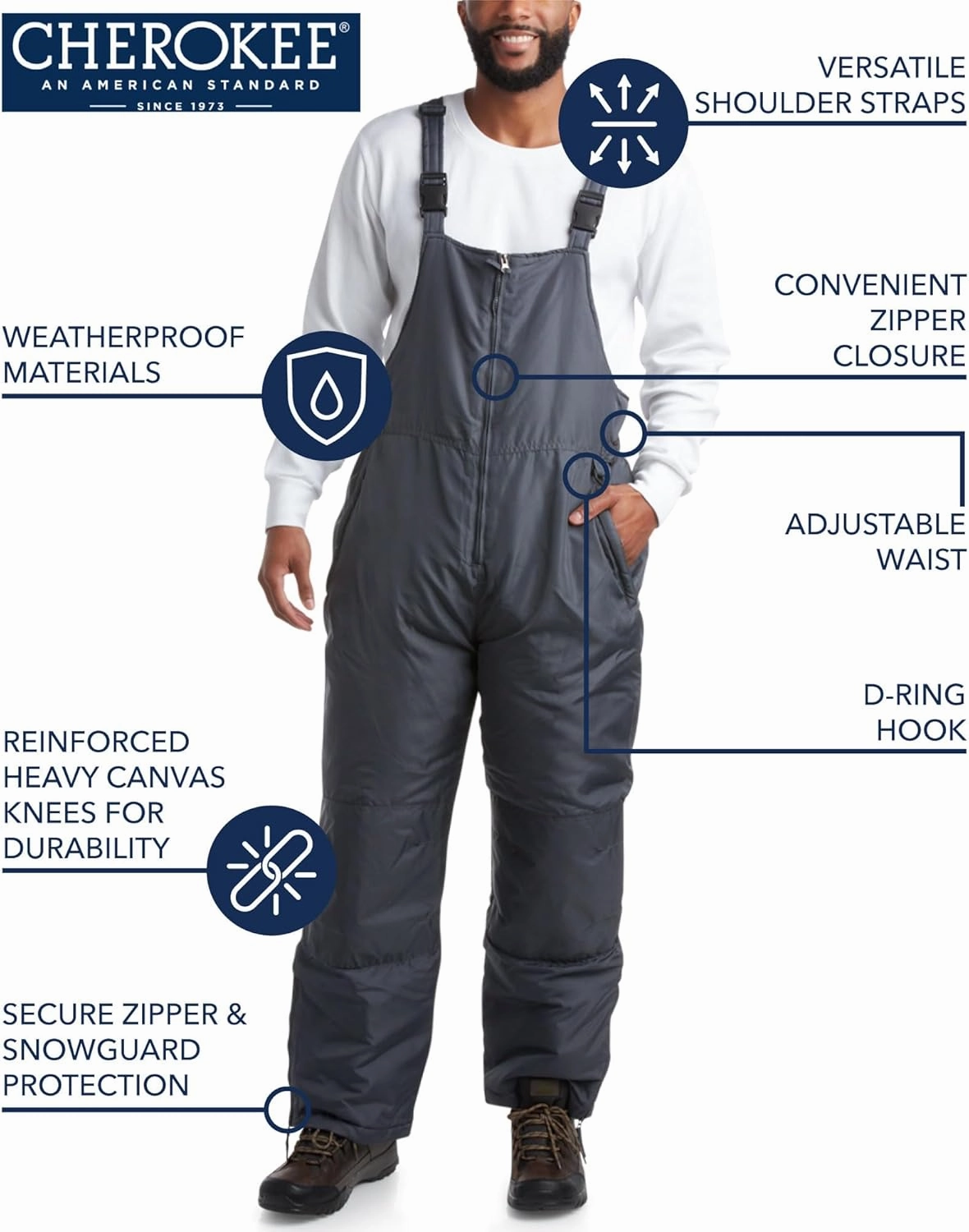 Cherokee Men's Snow Bib - Insulated Waterproof Snow Pants Ski/Snowboard Overalls (M-2XL)
