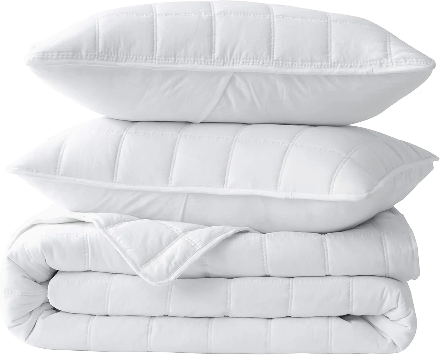 Chezmoi Collection Branson 3-Piece White King Size Quilt Set - Stone-Washed Detailed Square Stitch Soft Microfiber Lightweight Quilted Bedspread Coverlet Set for All Seasons