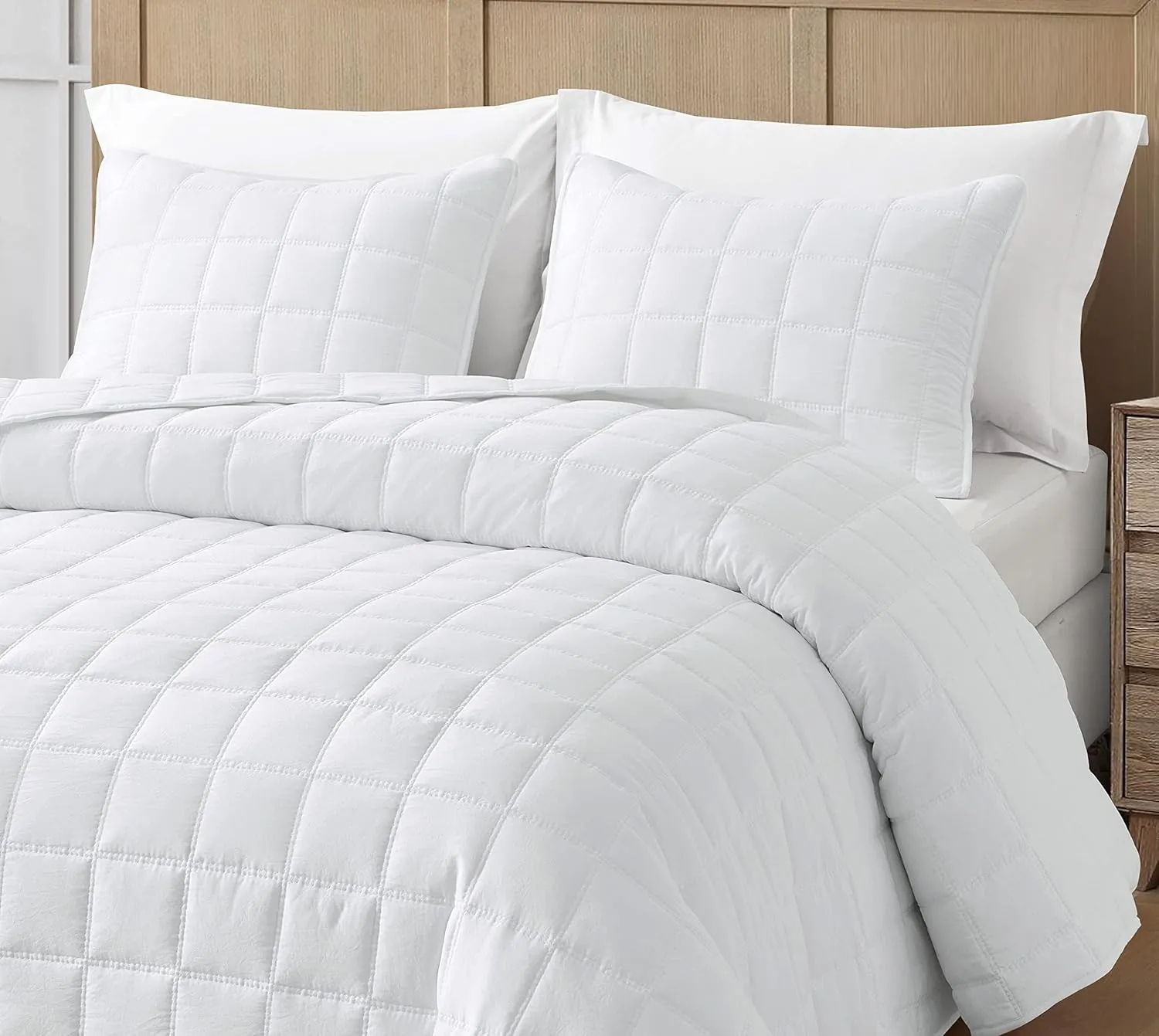 Chezmoi Collection Branson 3-Piece White King Size Quilt Set - Stone-Washed Detailed Square Stitch Soft Microfiber Lightweight Quilted Bedspread Coverlet Set for All Seasons