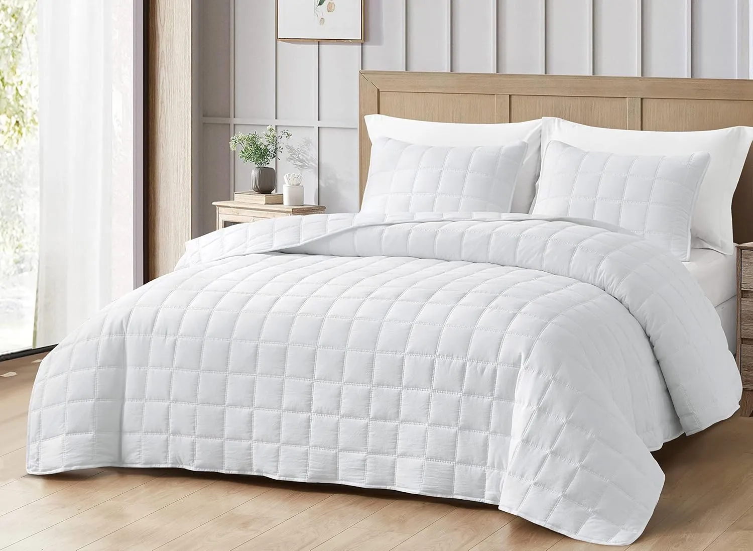 Chezmoi Collection Branson 3-Piece White King Size Quilt Set - Stone-Washed Detailed Square Stitch Soft Microfiber Lightweight Quilted Bedspread Coverlet Set for All Seasons