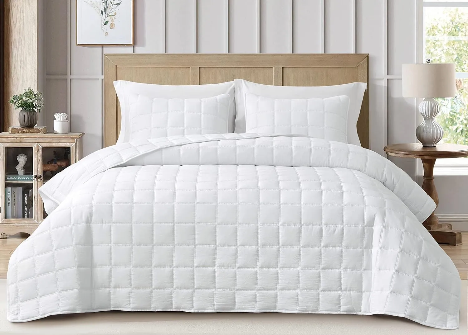 Chezmoi Collection Branson 3-Piece White King Size Quilt Set - Stone-Washed Detailed Square Stitch Soft Microfiber Lightweight Quilted Bedspread Coverlet Set for All Seasons