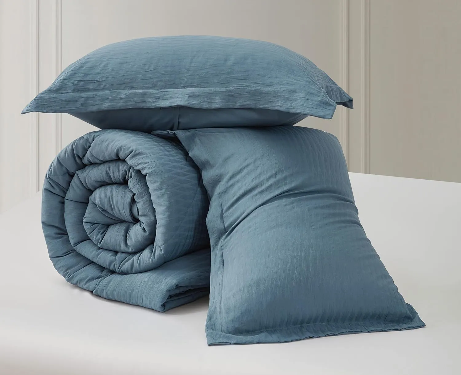 Chezmoi Collection Hugo 3-Piece Textured Thin Comforter Set - Lightweight Woven Design - Soft Microfiber Bedding for All Season, Full, Blue