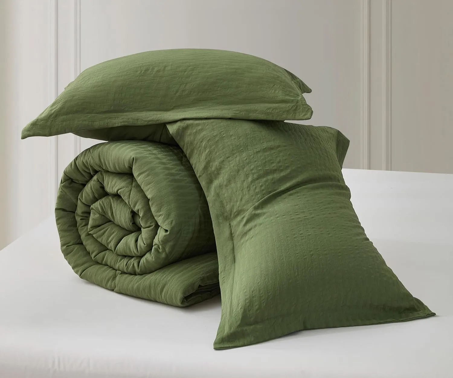 Chezmoi Collection Hugo 3-Piece Textured Thin Comforter Set - Lightweight Woven Design - Soft Microfiber Bedding for All Season, Full, Olive Green