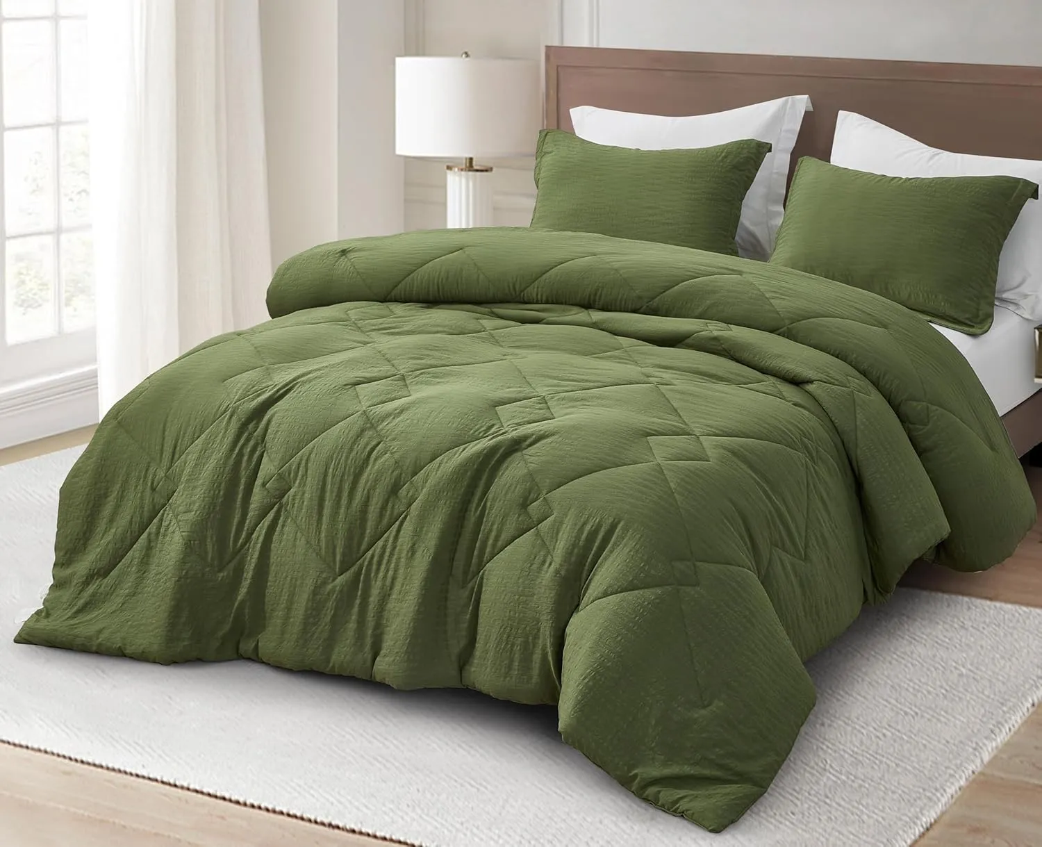 Chezmoi Collection Hugo 3-Piece Textured Thin Comforter Set - Lightweight Woven Design - Soft Microfiber Bedding for All Season, Full, Olive Green