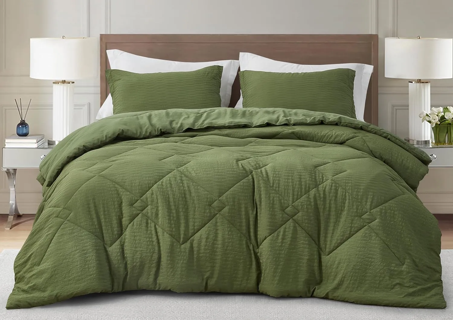 Chezmoi Collection Hugo 3-Piece Textured Thin Comforter Set - Lightweight Woven Design - Soft Microfiber Bedding for All Season, Full, Olive Green
