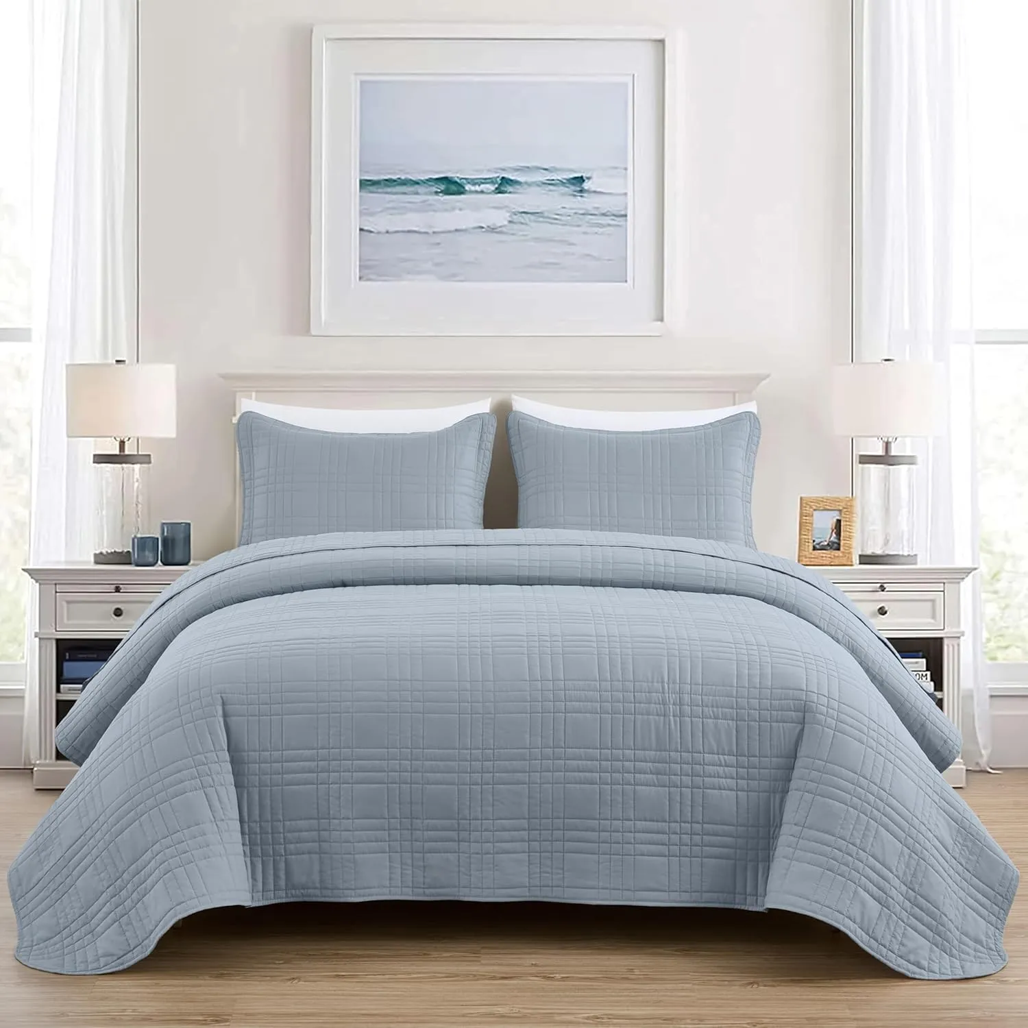 Chezmoi Collection Kingston Queen Size Bedspread Set, 3-Piece Cool Gray Oversized Quilted Microfiber Lightweight Bedspread Coverlet (100"x106") for All Seasons
