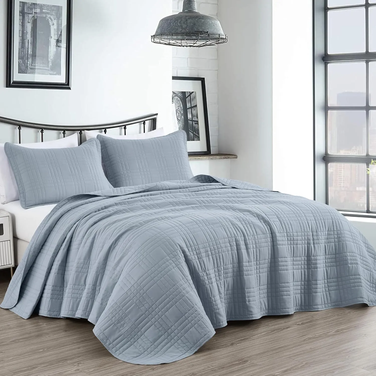 Chezmoi Collection Kingston Queen Size Bedspread Set, 3-Piece Cool Gray Oversized Quilted Microfiber Lightweight Bedspread Coverlet (100"x106") for All Seasons