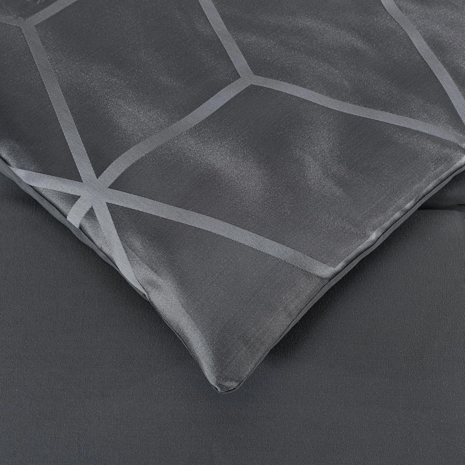 Chezmoi Collection 4-Piece Geometric Jacquard Comforter Set King Size - Soft Silky Lustrous Modern Gray Geometric Lattice Pattern Lightweight Bedding Set for All Seasons