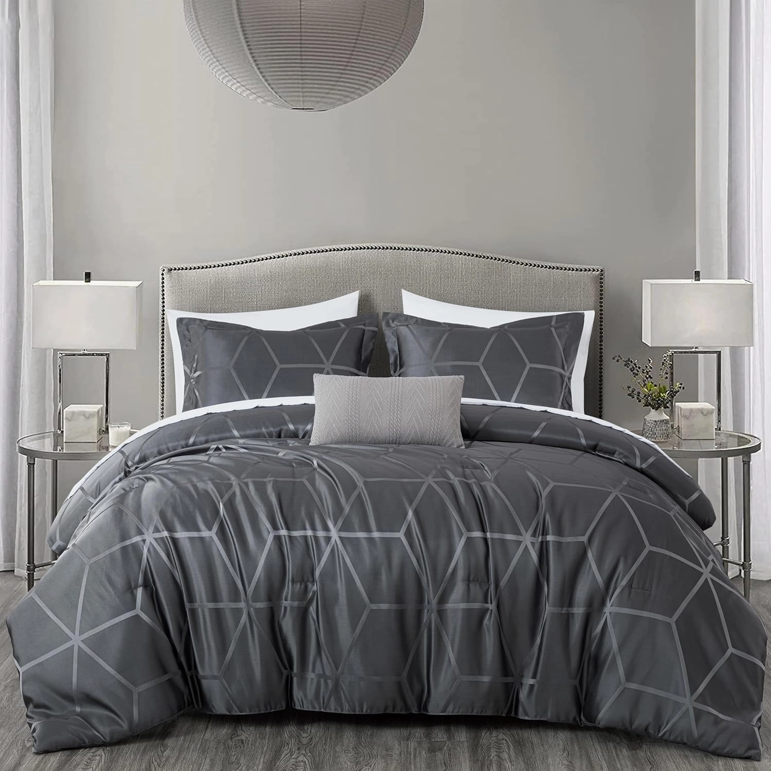 Chezmoi Collection 4-Piece Geometric Jacquard Comforter Set King Size - Soft Silky Lustrous Modern Gray Geometric Lattice Pattern Lightweight Bedding Set for All Seasons