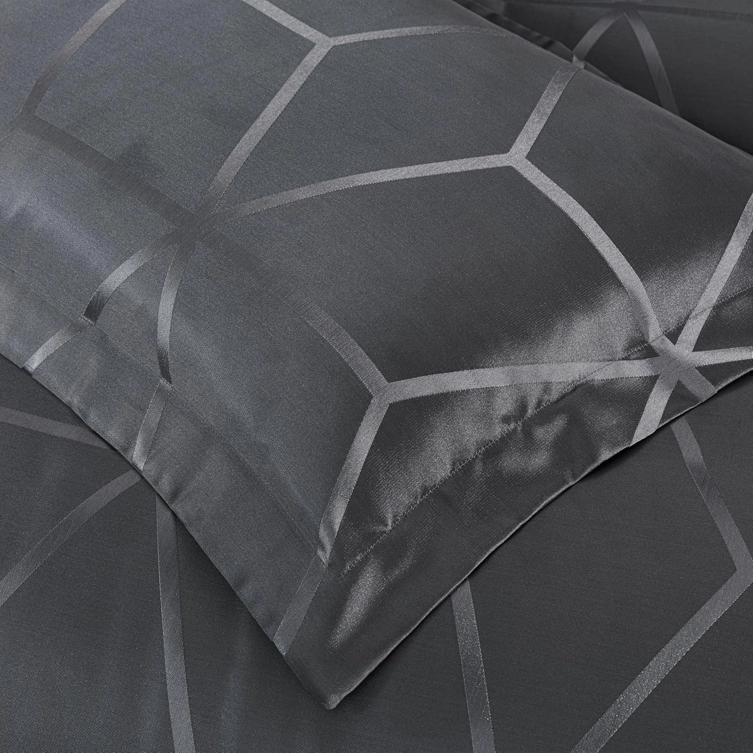 Chezmoi Collection 4-Piece Geometric Jacquard Comforter Set King Size - Soft Silky Lustrous Modern Gray Geometric Lattice Pattern Lightweight Bedding Set for All Seasons