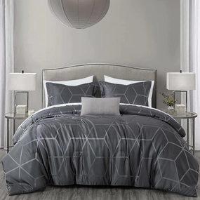 Chezmoi Collection 4-Piece Geometric Jacquard Comforter Set King Size - Soft Silky Lustrous Modern Gray Geometric Lattice Pattern Lightweight Bedding Set for All Seasons