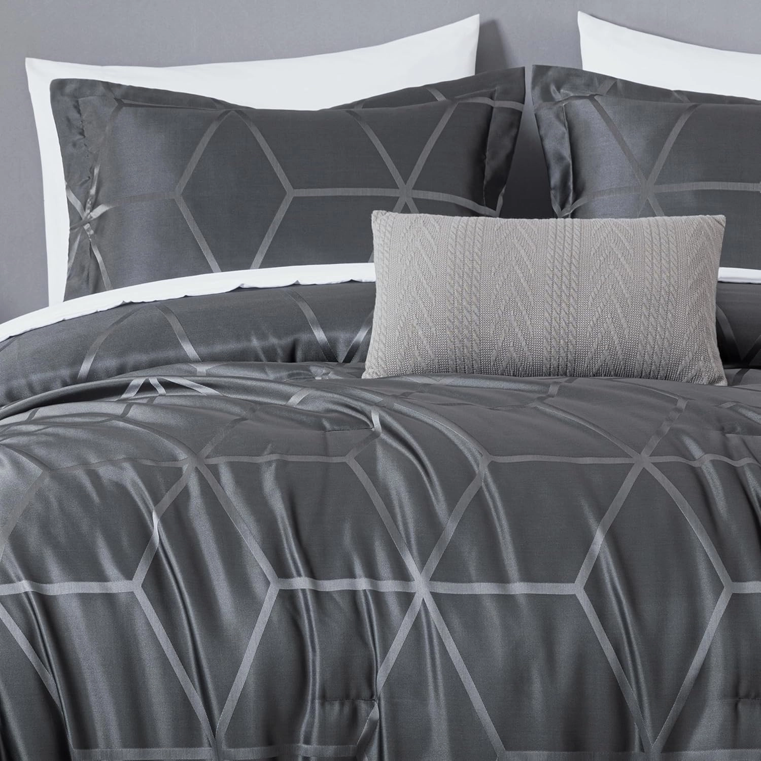 Chezmoi Collection 4-Piece Geometric Jacquard Comforter Set King Size - Soft Silky Lustrous Modern Gray Geometric Lattice Pattern Lightweight Bedding Set for All Seasons