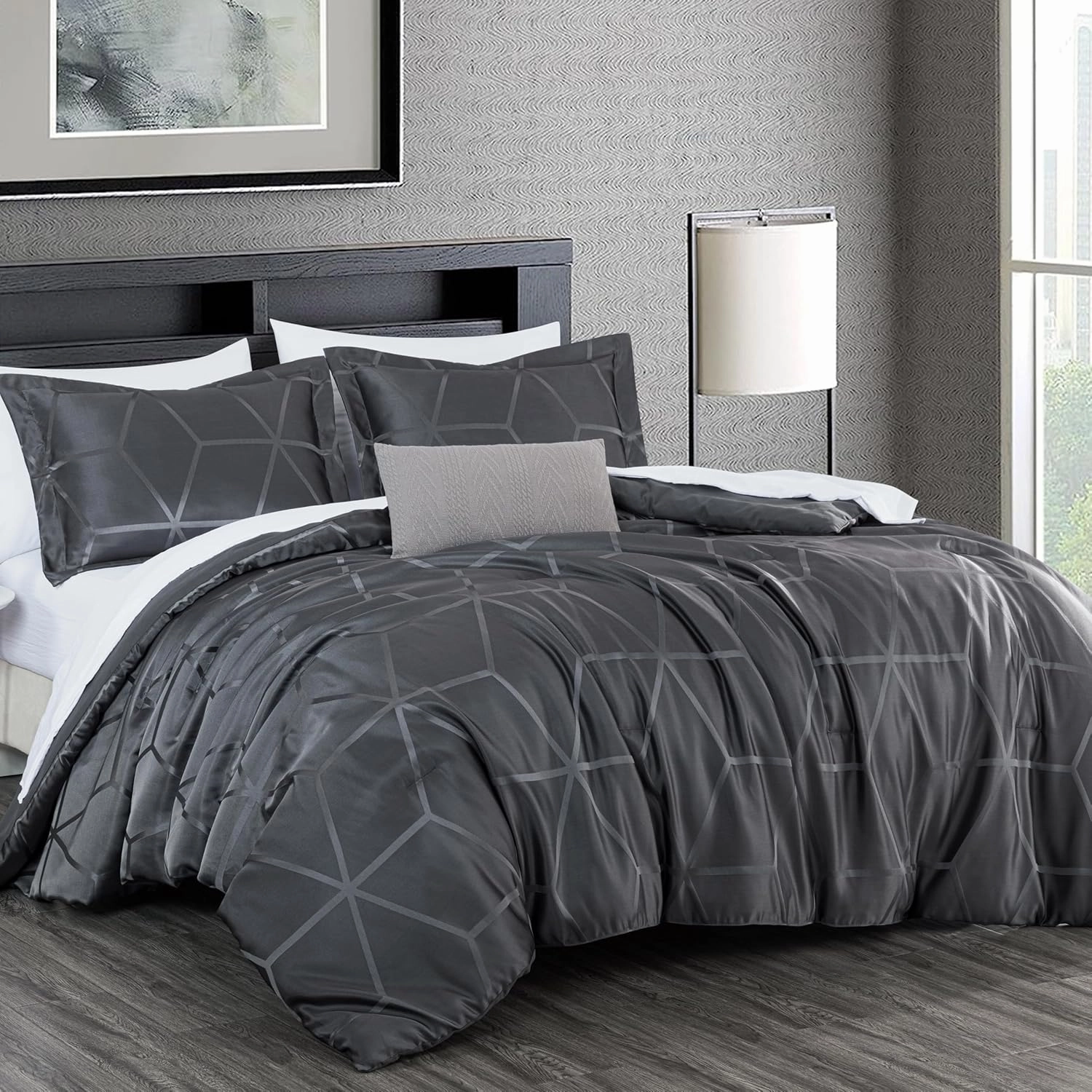 Chezmoi Collection 4-Piece Geometric Jacquard Comforter Set King Size - Soft Silky Lustrous Modern Gray Geometric Lattice Pattern Lightweight Bedding Set for All Seasons