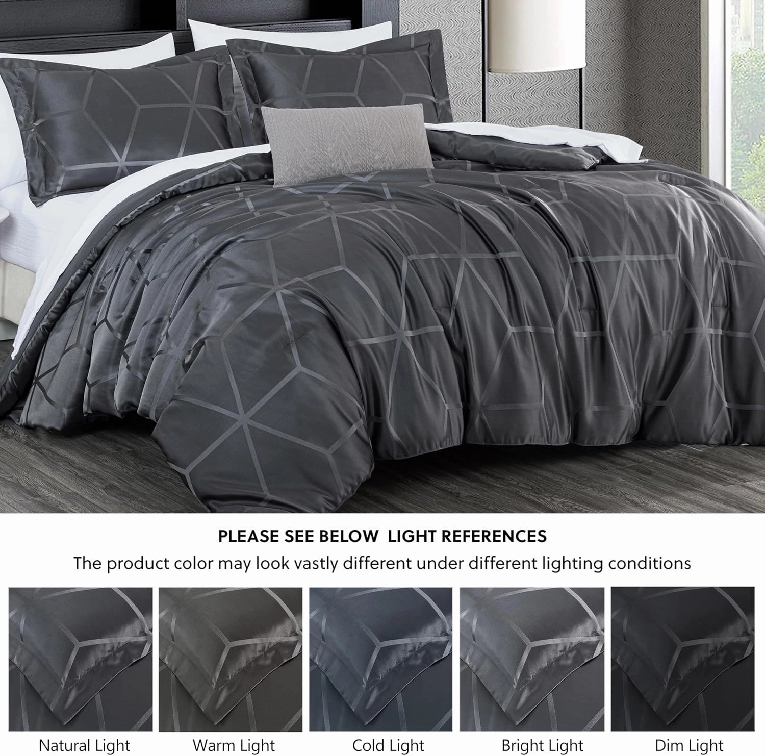 Chezmoi Collection 4-Piece Geometric Jacquard Comforter Set King Size - Soft Silky Lustrous Modern Gray Geometric Lattice Pattern Lightweight Bedding Set for All Seasons