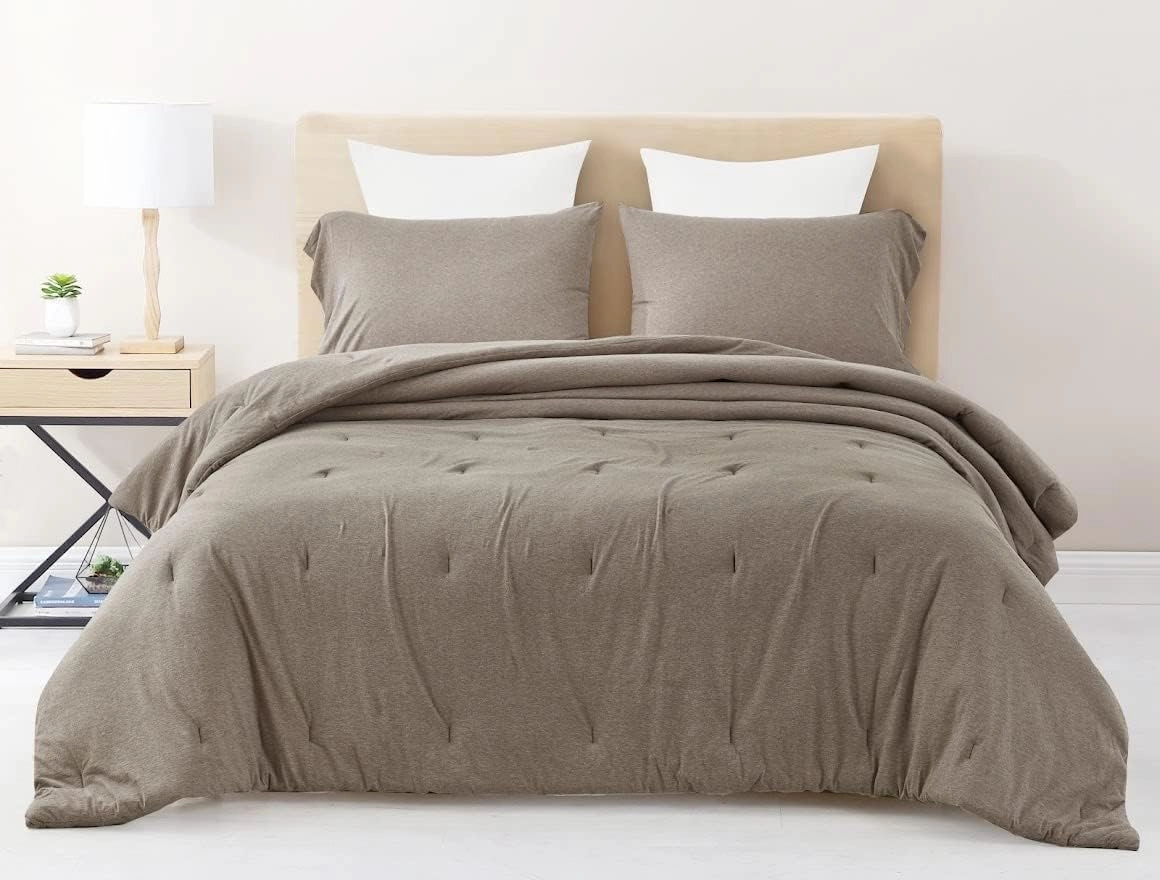 Chezmoi Collection Asher 2-Piece Heather Jersey Knit Cotton Comforter Set - Solid Reversible Lightweight Super Soft and Breathable Bedding Set (Twin, Coffee Brown)