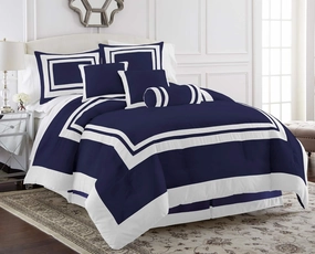 Chezmoi Collection Caprice 7-Piece Hotel Style Comforter Set - Navy/White Square Pattern Modern Color Block Bedding with Decorative Pillows - Luxurious Lightweight All Season Bed Set, Queen