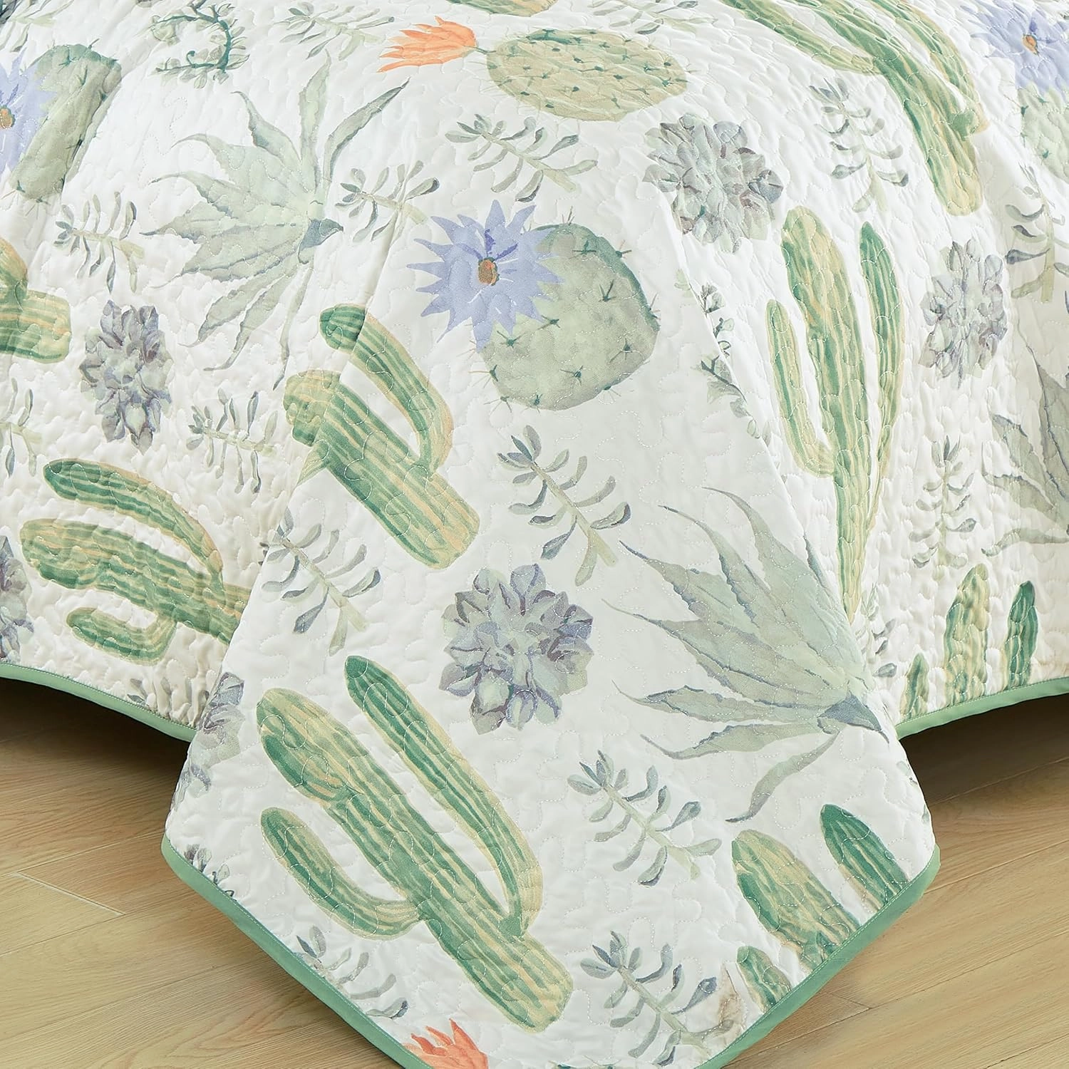 Chezmoi Collection Gregory 3-Piece Southwestern Serene Desert Quilt Set - Green Blue Cactus Succulent Plant Printed Microfiber Lightweight Quilted Bedspread Set, Queen (100" x 95")