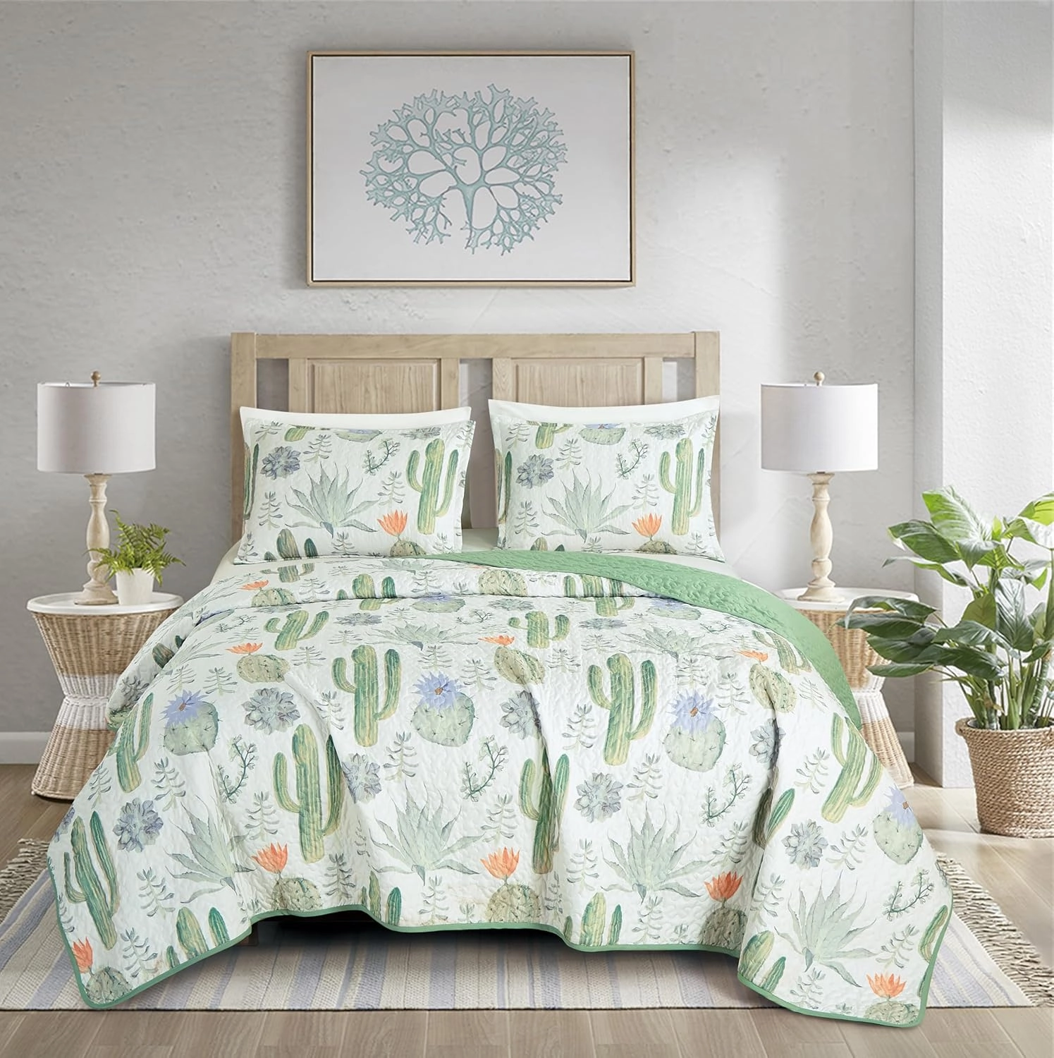 Chezmoi Collection Gregory 3-Piece Southwestern Serene Desert Quilt Set - Green Blue Cactus Succulent Plant Printed Microfiber Lightweight Quilted Bedspread Set, Queen (100" x 95")