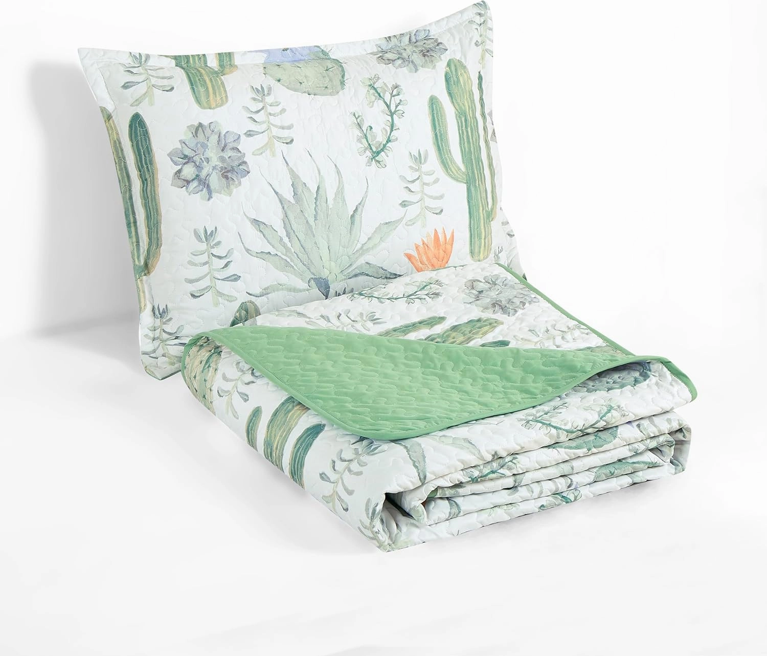 Chezmoi Collection Gregory 3-Piece Southwestern Serene Desert Quilt Set - Green Blue Cactus Succulent Plant Printed Microfiber Lightweight Quilted Bedspread Set, Queen (100" x 95")
