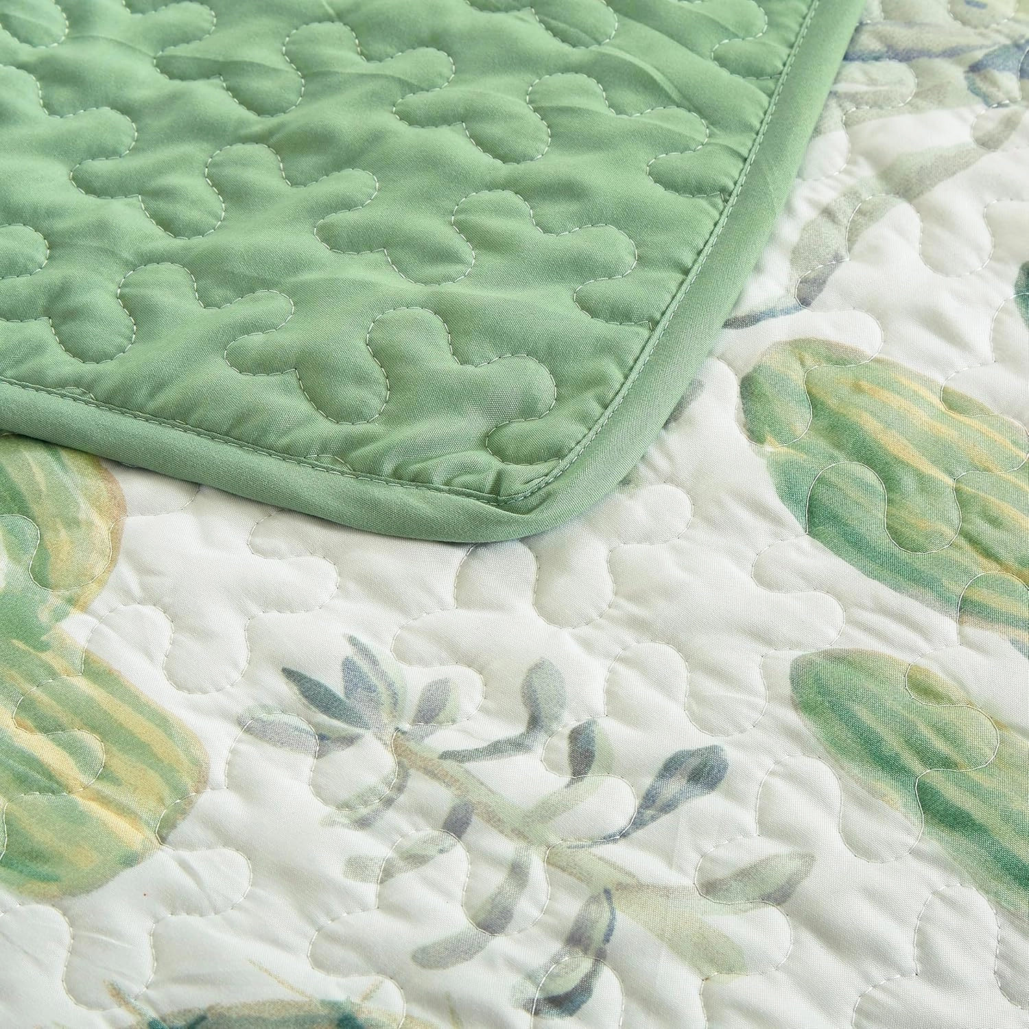 Chezmoi Collection Gregory 3-Piece Southwestern Serene Desert Quilt Set - Green Blue Cactus Succulent Plant Printed Microfiber Lightweight Quilted Bedspread Set, Queen (100" x 95")