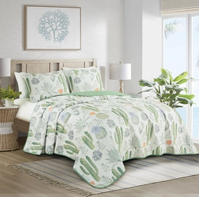 Chezmoi Collection Gregory 3-Piece Southwestern Serene Desert Quilt Set - Green Blue Cactus Succulent Plant Printed Microfiber Lightweight Quilted Bedspread Set, Queen (100" x 95")