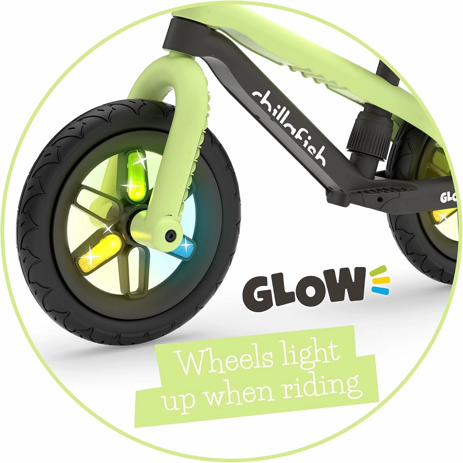Chillafish BMXie Glow Lightweight Balance Bike with Light-up Wheels When Riding, for Kids 2 to 5 Years, 12-inch Airless Rubberskin Tires, Adjustable Seat Without Tools, Pistachio