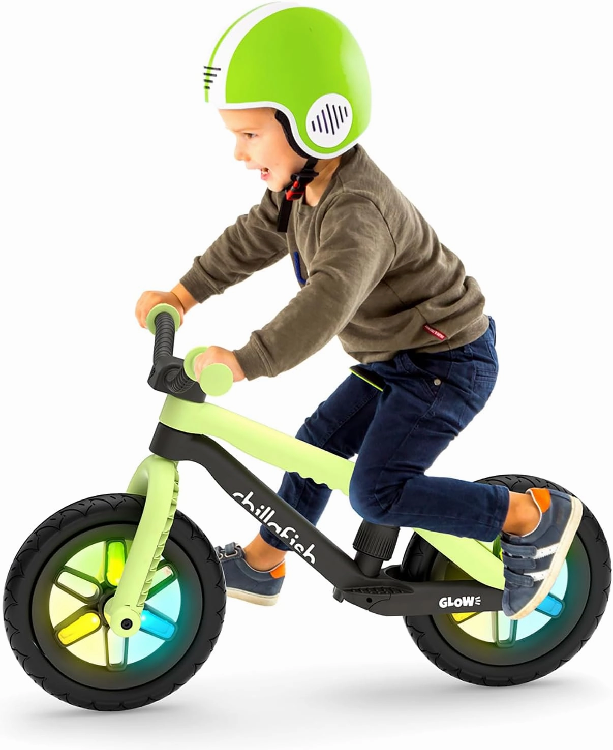 Chillafish BMXie Glow Lightweight Balance Bike with Light-up Wheels When Riding, for Kids 2 to 5 Years, 12-inch Airless Rubberskin Tires, Adjustable Seat Without Tools, Pistachio