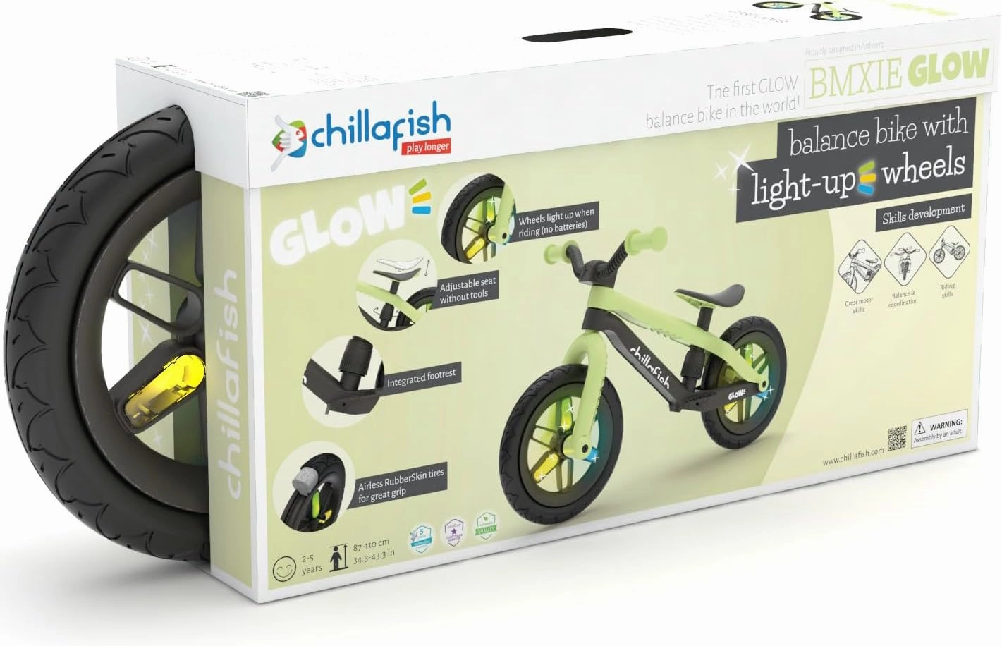 Chillafish BMXie Glow Lightweight Balance Bike with Light-up Wheels When Riding, for Kids 2 to 5 Years, 12-inch Airless Rubberskin Tires, Adjustable Seat Without Tools, Pistachio