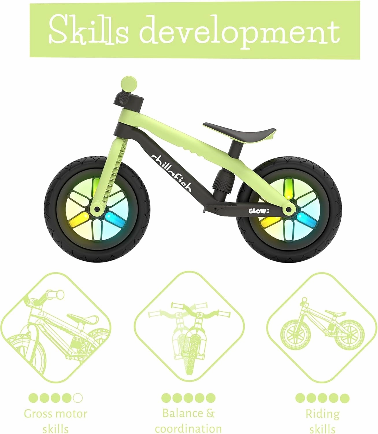 Chillafish BMXie Glow Lightweight Balance Bike with Light-up Wheels When Riding, for Kids 2 to 5 Years, 12-inch Airless Rubberskin Tires, Adjustable Seat Without Tools, Pistachio