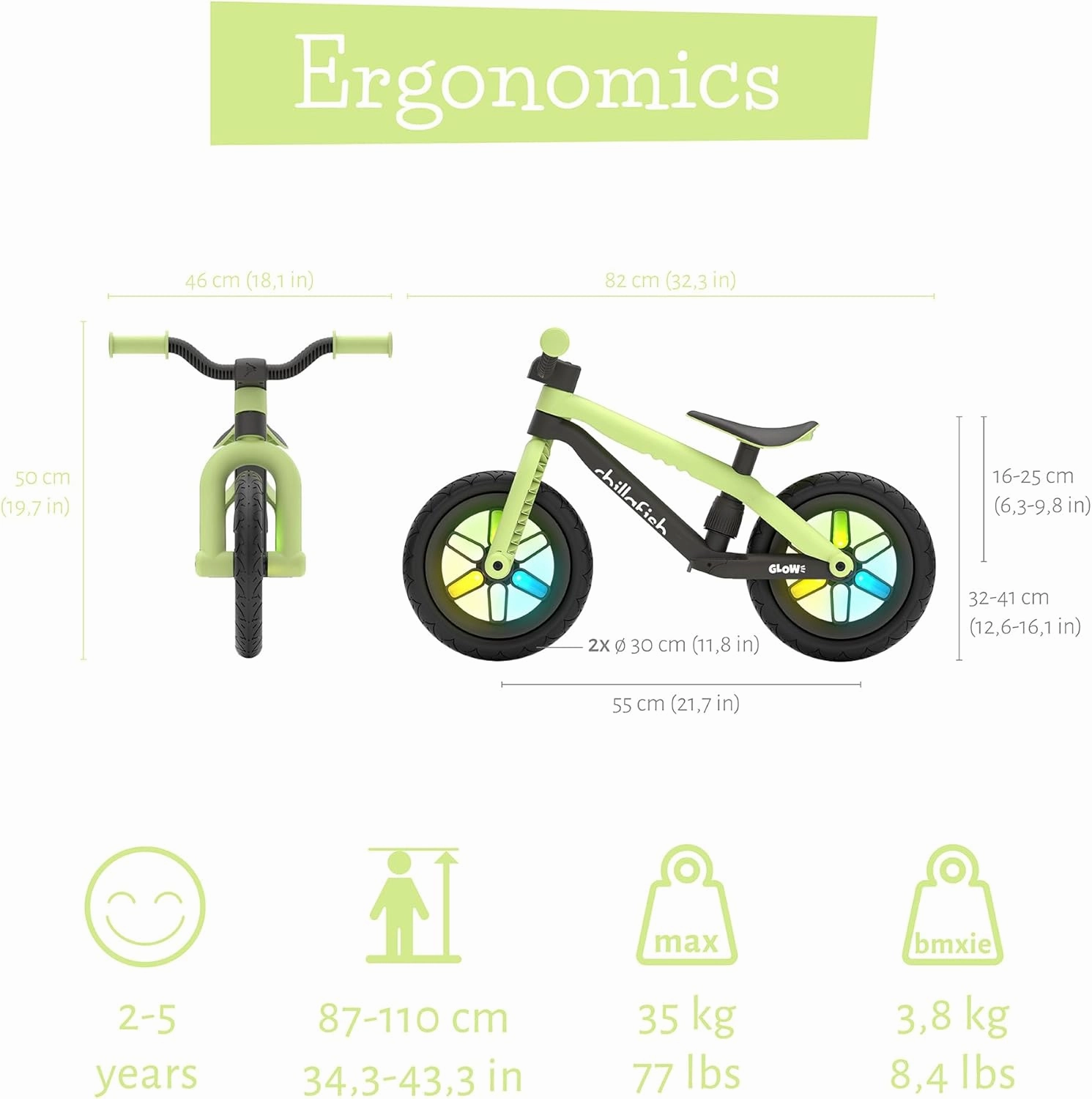 Chillafish BMXie Glow Lightweight Balance Bike with Light-up Wheels When Riding, for Kids 2 to 5 Years, 12-inch Airless Rubberskin Tires, Adjustable Seat Without Tools, Pistachio