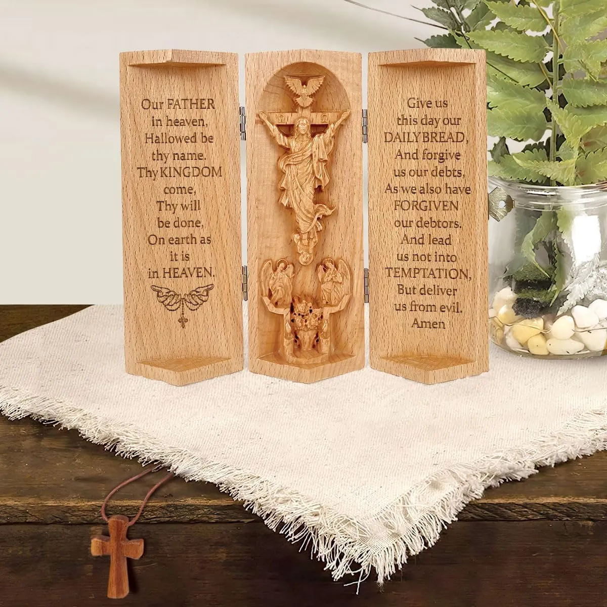 Christian Decor, Catholic Wooden Sculpture, Christian Gifts for Men, Statue of Jesus, Virgin Mary, Home Decor - Openable Wooden Cylinder Sculpture of Jesus