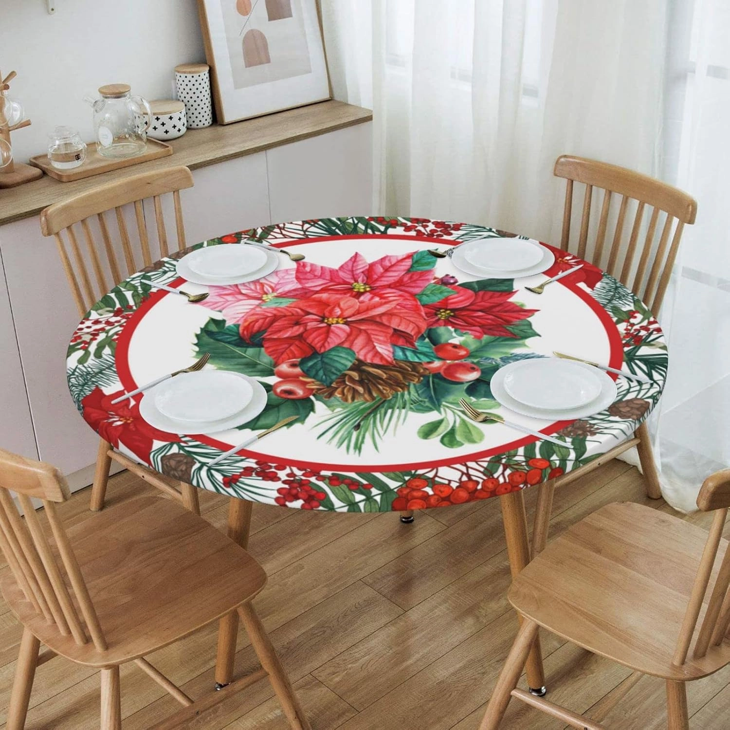Christmas Holly Tablecloths Round Tablecloth Fitted Elastic Table Cover Washable for Kitchen Dining Picnic Party Fit T able 45-50