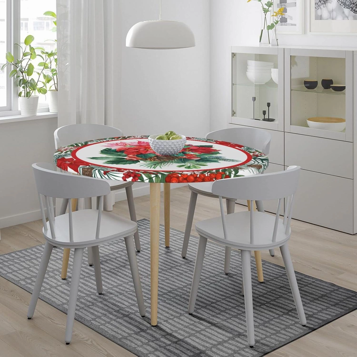 Christmas Holly Tablecloths Round Tablecloth Fitted Elastic Table Cover Washable for Kitchen Dining Picnic Party Fit T able 45-50
