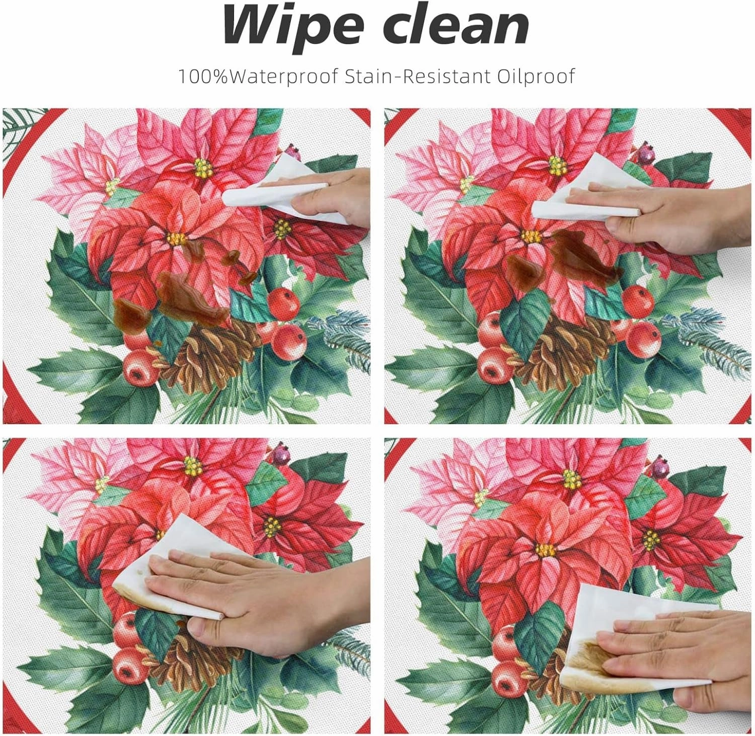 Christmas Holly Tablecloths Round Tablecloth Fitted Elastic Table Cover Washable for Kitchen Dining Picnic Party Fit T able 45-50